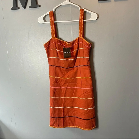 NWT forever 21 rust orange Embroidered Multicolor Striped Dress Sz medium - Picture 2 of 12